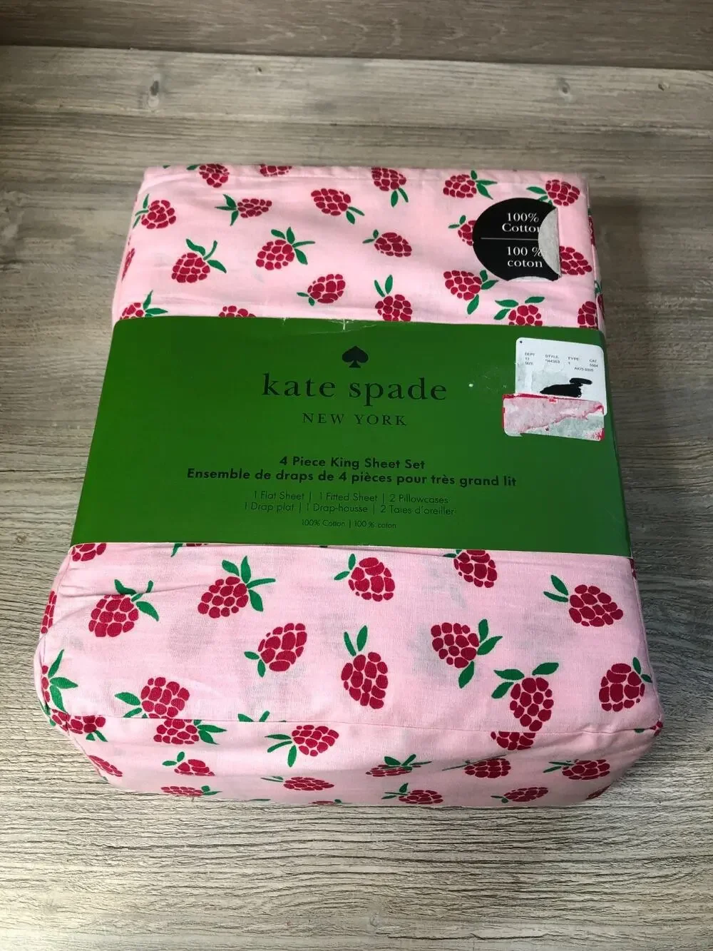 NEW 4pc Kate Spade king Sheet Set RASPBERRIES 100% Cotton Percale